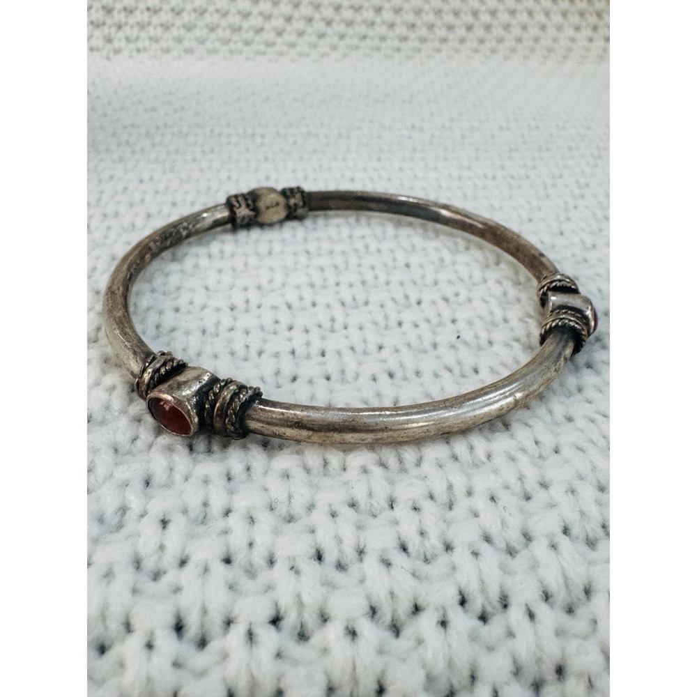 925 Sterling Silver Red Stone Rope Accent Bangle Bracelet 7.5"